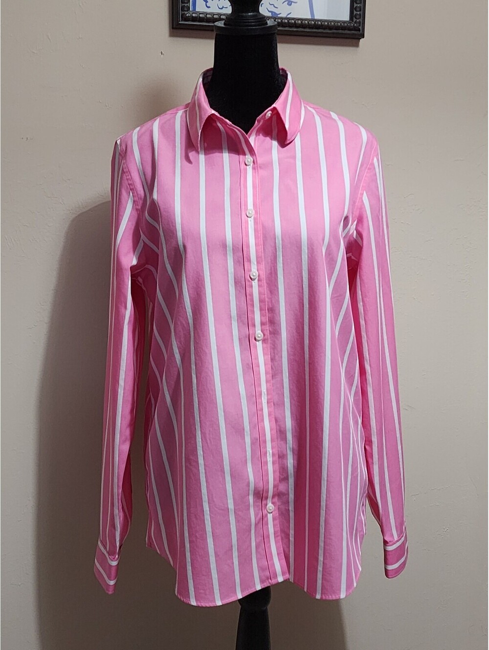 Lands' End Pink and White Striped Button-Up Shirt Size 6 TALL